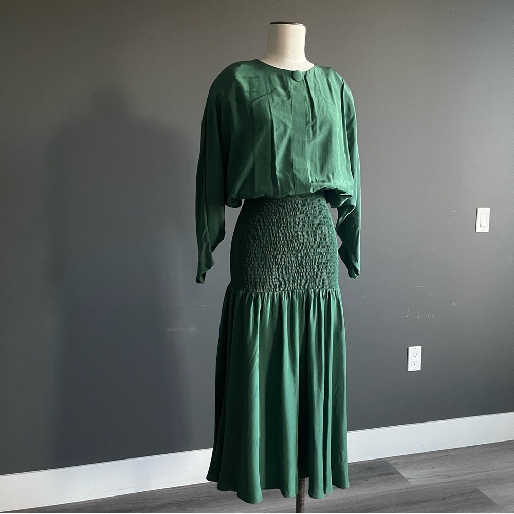 Vintage Emjé Forest Green Smocked Midi Dress | Made in USA | Minimalist 80s 90s